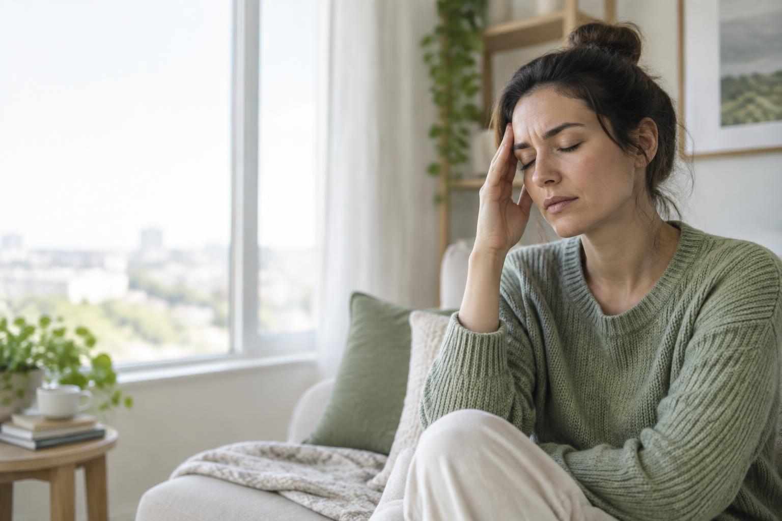 A woman resting at home with a headache